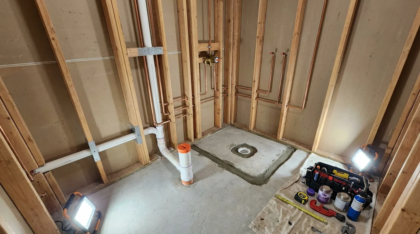 Bathroom rough-in plumbing during remodel by Johns Plumbing LLC in Birmingham