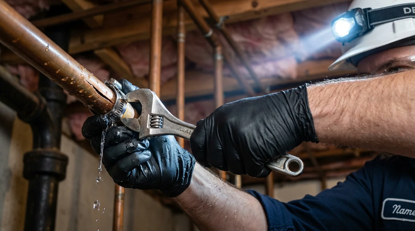 Emergency pipe clamp repair being performed by a Johns Plumbing LLC plumber in Birmingham